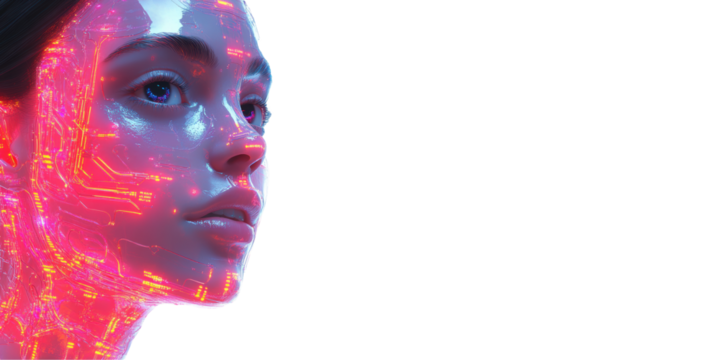 Futuristic Female Cyborg With Digital Circuitry. Human-Machine Integration And Advanced Technology Isolated On Transparent Background