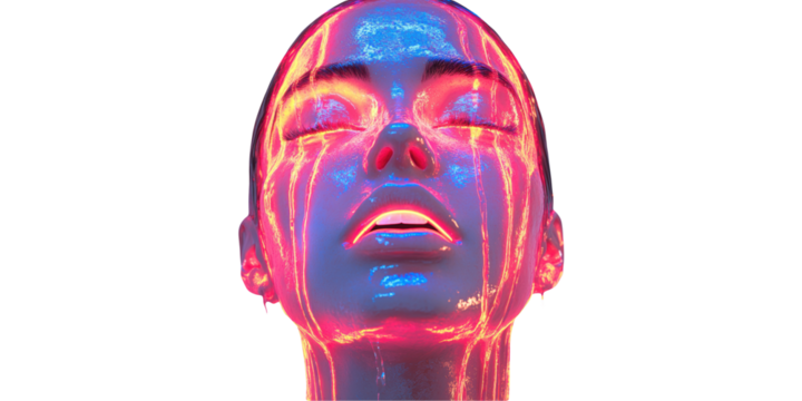 Futuristic Neon Portrait Of Woman With Vibrant Colors. Digital Art And Cyber Aesthetics Isolated On Transparent Background