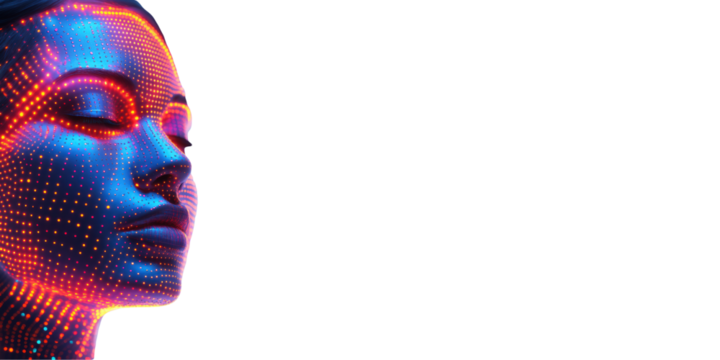 Futuristic Digital Face With Neon Dots. Concept Of Artificial Intelligence And Technology Isolated On Transparent Background