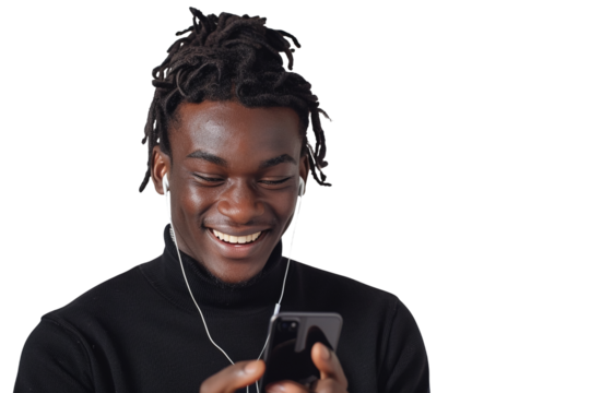 Portrait of a man smiling while texting with earbuds in ears, isolated against on PNG transparent and white background. Ideal for technology, communication, lifestyle, social media, and digital conten
