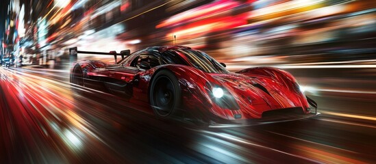 Red sports car, dynamic motion, light streaks enhancing speed, blurred cityscape