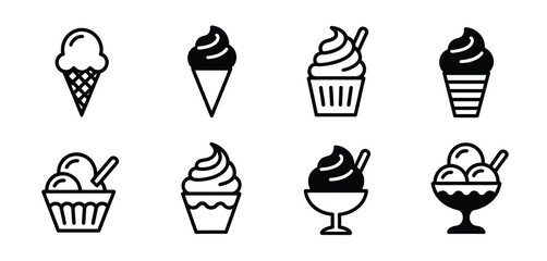 Eight Ice Cream Icons Set Black and White