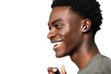 Portrait of a man smiling while texting with earbuds in ears, isolated against on PNG transparent and white background. Ideal for technology, communication, lifestyle, social media, and digital conten