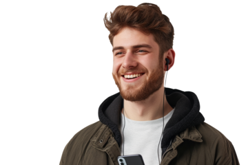 Portrait of a man smiling while texting with earbuds in ears, isolated against on PNG transparent and white background. Ideal for technology, communication, lifestyle, social media, and digital conten