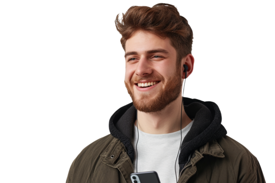 Portrait of a man smiling while texting with earbuds in ears, isolated against on PNG transparent and white background. Ideal for technology, communication, lifestyle, social media, and digital conten
