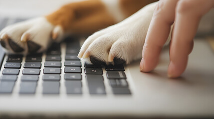 A dog"s paw and a human hand both touch a laptop keyboard, showcasing a bond between pet and owner in a digital setting.