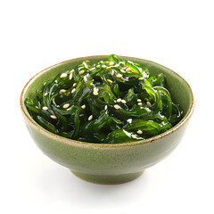 Fresh Wakame Seaweed Salad with Sesame Seeds in Ceramic Bowl
