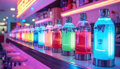 Fototapeta premium Colorful bottles with spouts line diner counter under neon lights