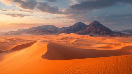 Naklejka premium Breathtaking desert landscape at sunset showcasing sweeping dunes and distant mountains with vibrant colors