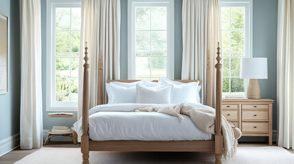 A serene bedroom with soft blue walls, white bedding, and light oak furniture