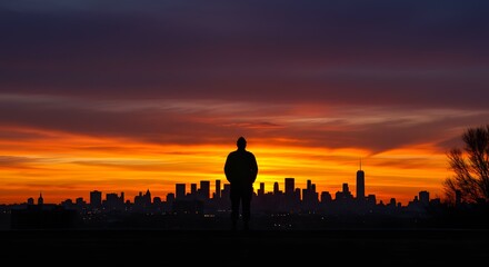 Obraz premium Silhouette of a Man Contemplating a Vibrant City Sunset A Stunning Display of Urban Beauty and Natural Wonder