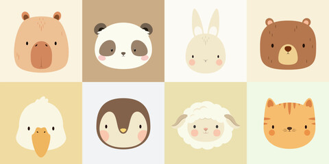 A set of cute animal faces. A simple illustration. Vector.