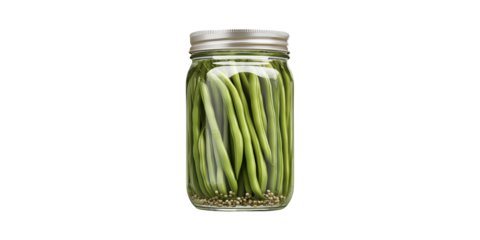 Glass jar of pickled green beans isolated on transparent background
