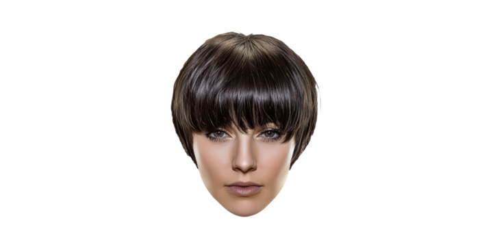Woman with short brunette hair and bangs isolated on transparent background