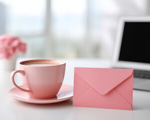 Pink cup of coffee with matching envelope on white table near laptop and flowers creating calm tax refund moment