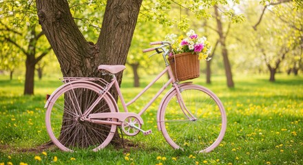 Fototapeta premium Pink Bicycle with Flower Basket in a Lush Green Garden