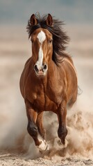 Obraz premium Majestic brown horse runs through sandy terrain under a clear sky during golden hour