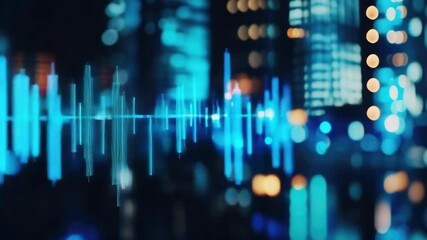 Electronic music with futuristic visuals of a nighttime urban skyline. The combines music and cityscape themes to create an abstract, science-fiction inspired scene. - Powered by Adobe