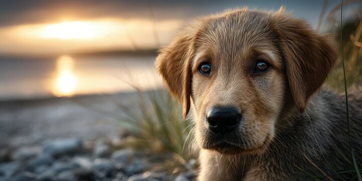 Golden retriever puppy gazes at the sunset by the beach amidst grassy surroundings on a tranquil evening