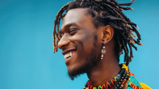 The man is smiling and appears very happy. He has dreadlocks and is wearing colorful attire, which may suggest cultural or artistic significance.