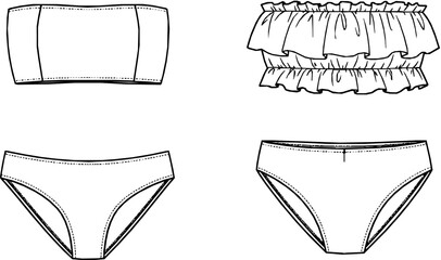 womens ruffle trim bandeau bikini set strapless tube top two piece swim suit flat sketch vector illustration technical cad drawing template
