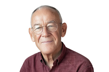 Obraz premium Portrait of a senior man joyfully video calling family with a tear of happiness, isolated against on PNG transparent and white background. Ideal for senior care, family connection, communication, tech