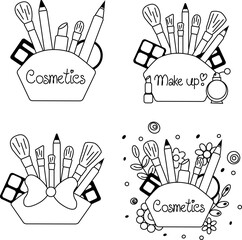 Makeup bag with beauty products composition set. Vector graphic line illustration. Black and white cute cosmetic makeup art. illustration for package, vacation design, fabric and textile.