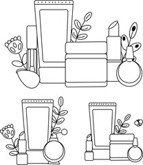 Makeup and beauty products, top view of cosmetic mock-ups composition set. Vector graphic line illustration. Black and white cosmetic makeup art. For poster, flyer, banner, invitation, sale
