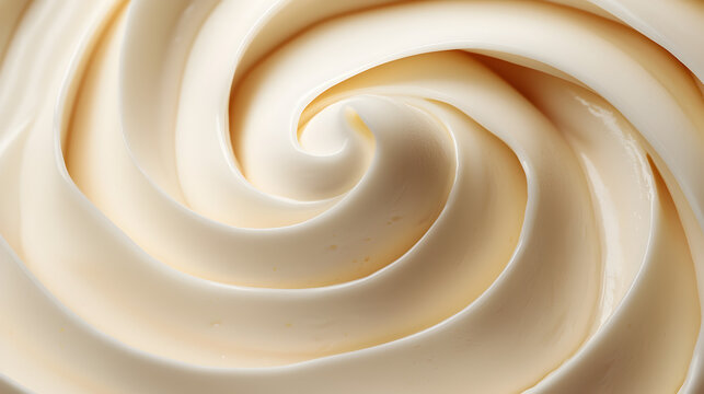 Smooth, creamy swirl of vanilla frosting in a close-up, abstract pattern.