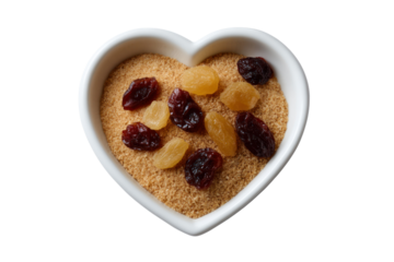 Heartfelt Granola: A close-up shot showcases a heart-shaped bowl brimming with granola and a selection of colorful dried fruits, all ready to delight the senses.