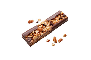 Nutritious Delight: A close-up shot of a delectable granola bar, artfully designed with assorted nuts and coated in rich chocolate.