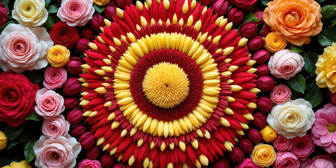 Floral Mandala in Bloom A head-on composition of a mandala formed by meticulously arranged flower petals-roses, dahlias, and chrysanthemums-in vibrant