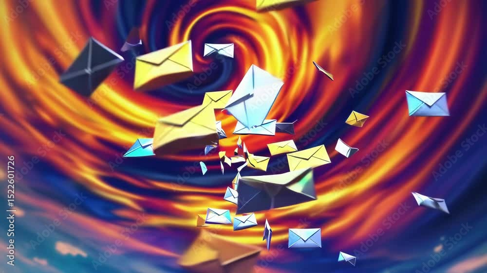 Wall mural animated vortex of flying mail envelopes spiraling into abstract digital tunnel, representing fast c