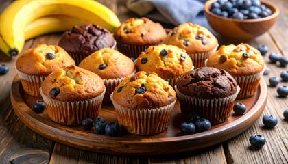 Assorted homemade muffins with blueberry, chocolate, and banana on rustic plate