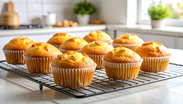 Golden brown homemade muffins cooling on rack in bright kitchen.