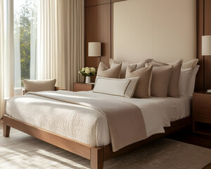 Fototapeta premium A serene modern bedroom with neutral tones, a minimalist bed design, and soft natural lighting