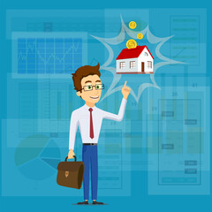 Businessman points his finger at the house coin bank with money. Financial savings, credit mortgage for buying real estate. Vector illustration