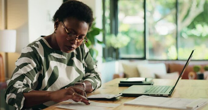 Black woman, audit or laptop with calculator for accounting, financial planning or budget at home. Female person, receipt or invoice with calculation or payslip for finance expenses or bills at house
