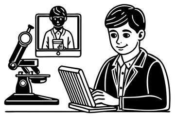 Online Science Education Student Engaging with Virtual Professor via Laptop and Microscope, education, science, student, virtual, professor, microscope, physics, teaching, interaction, lesson, connect