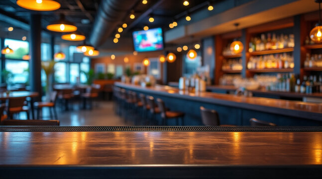 people in cafe or restaurant on background. Wood table with blur. Empty bar top, blurred bar scene. full hd