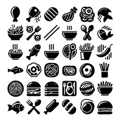 Minimalist black and white food icon collection featuring various edible items in clean silhouette vector designs