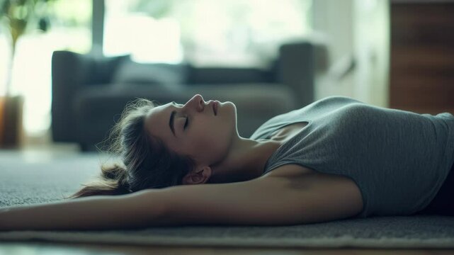A woman relaxing her arms overhead, lying on a yoga mat in an indoor living room setting. She is in a state of relaxation, possibly practicing a stretch or deep breathing.