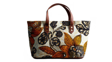 Stylish tote bag featuring a bold batik floral pattern and sturdy brown leather handles is presented against a transparent background, perfect for showcasing unique designs