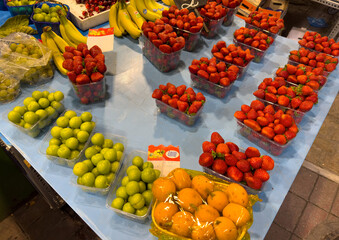 fresh fruits and strawberry at weekly market