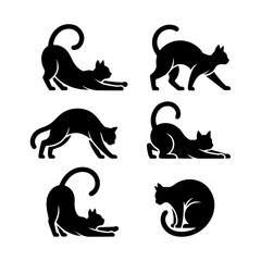Collection of Elegant Black Cat Silhouettes: Stretching, Walking, Sitting Poses