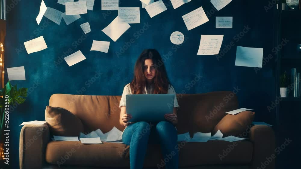 Aufkleber young woman working from home, sitting on a sofa while papers swirl around, creating a lively and ch