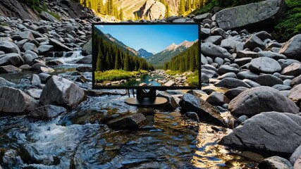 Computer monitor displaying natural mountain scene in rocky riverbed with surreal juxtaposition of technology and wild untouched environment, concept of digital vs nature - Powered by Adobe