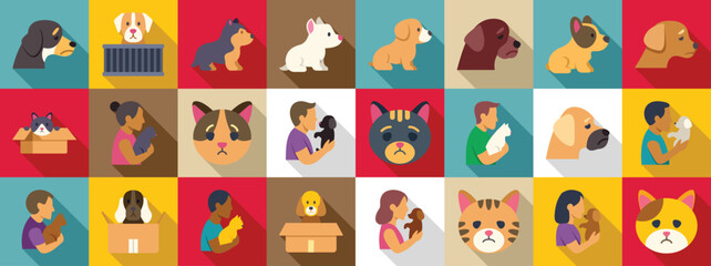Obraz premium Homeless pet icons set. Pet adoption concept with owners holding their new best friends