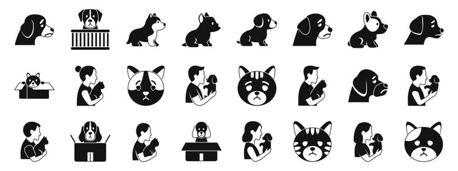 Homeless pet icons set. Veterinarians and volunteers holding, cuddling, and caring for various cats and dogs, some looking sad and abandoned in boxes