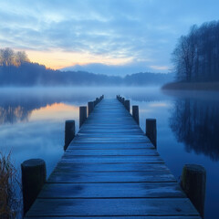 Obraz premium Dock on a lake with fog in the background.